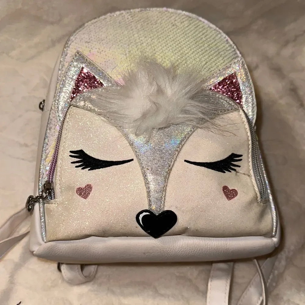 OMG White Rainbow Sequined Faux Leather Kitty Mini Backpack